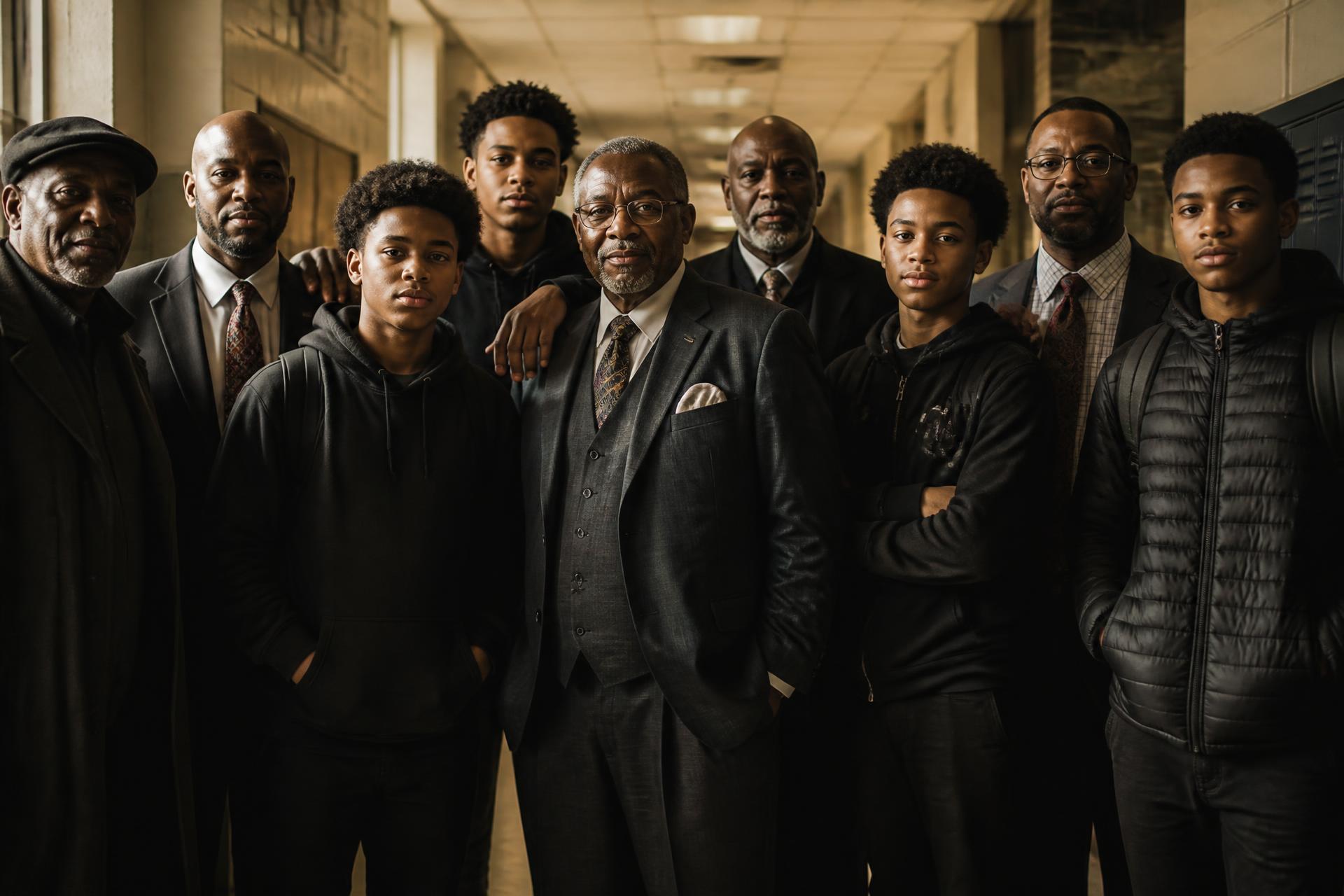 Black men and teenage boys standing together in a school hallway